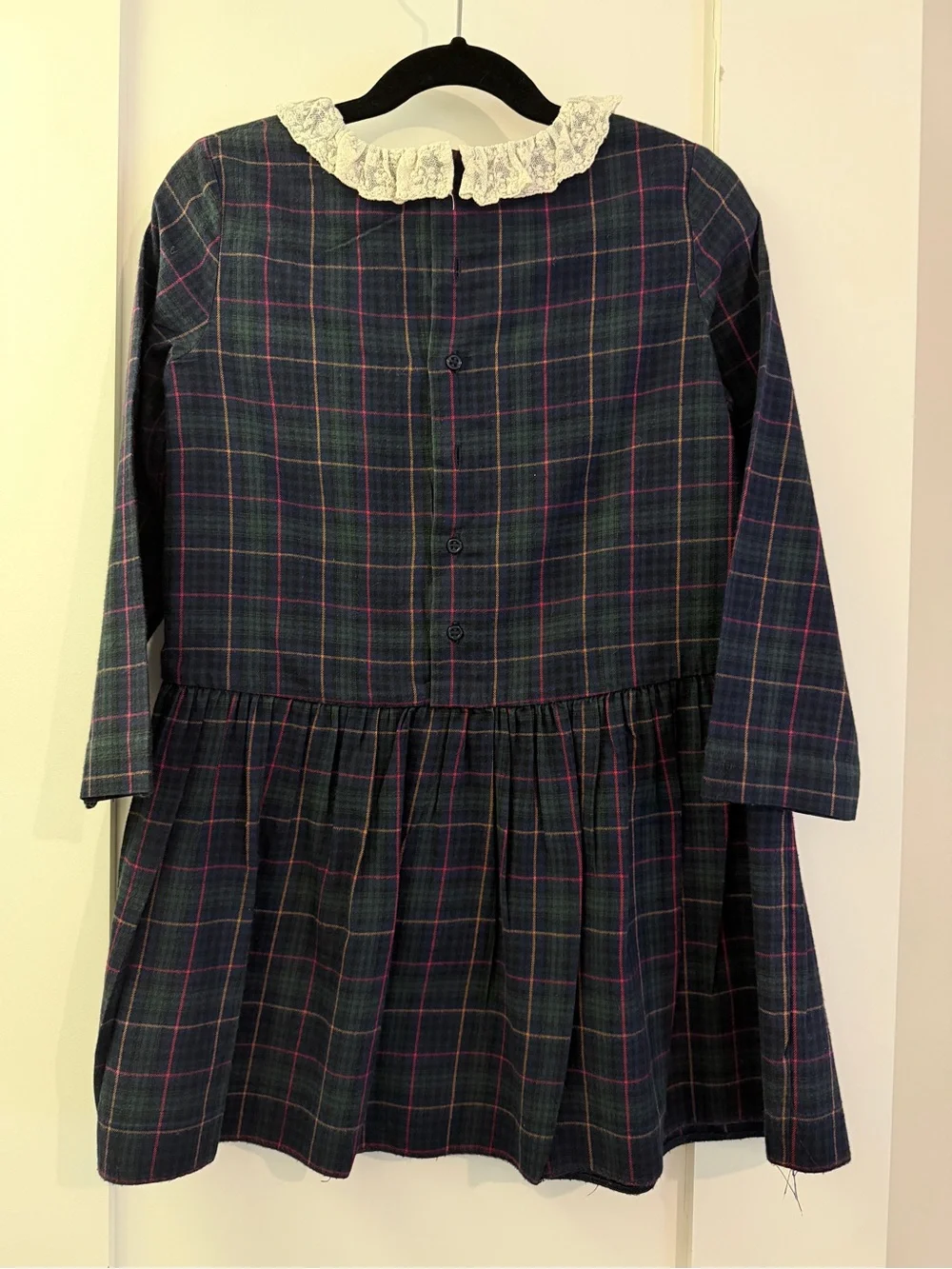 Bonpoint Girls' Navy Plaid Dress with Lace Collar size 6